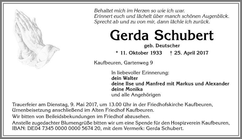 Traueranzeige von Gerda Schubert von Allgäuer Zeitung, Kaufbeuren/Buchloe