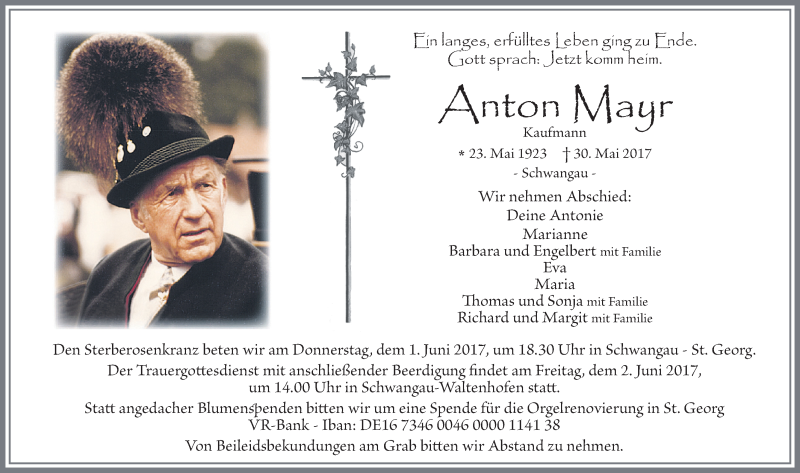 Traueranzeige von Anton Mayr von Allgäuer Zeitung, Füssen