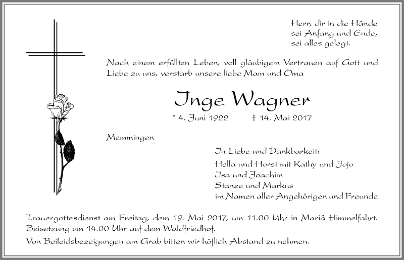 Traueranzeige von Inge Wagner von Memminger Zeitung