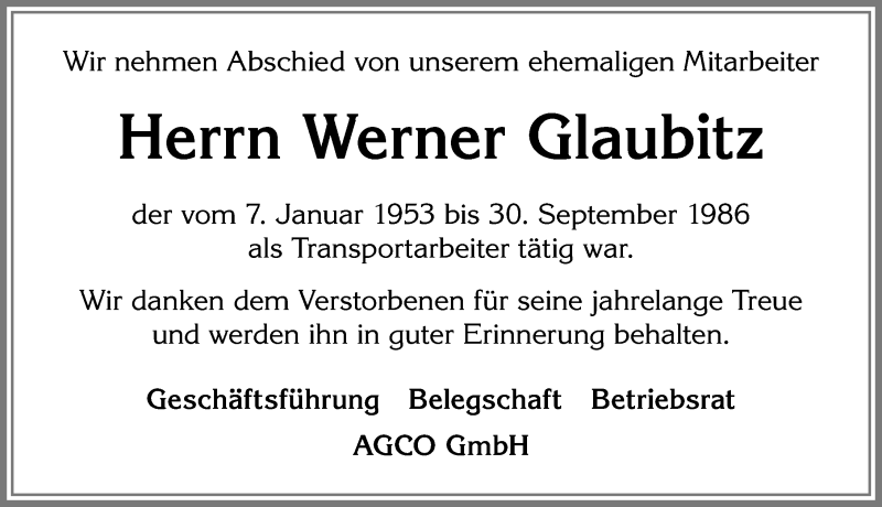 Traueranzeige von Werner Glaubitz von Allgäuer Zeitung, Marktoberdorf