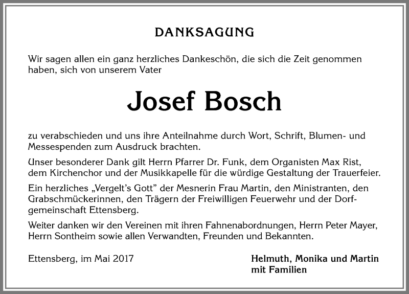 Traueranzeige von Josef Bosch von Allgäuer Zeitung,Kempten