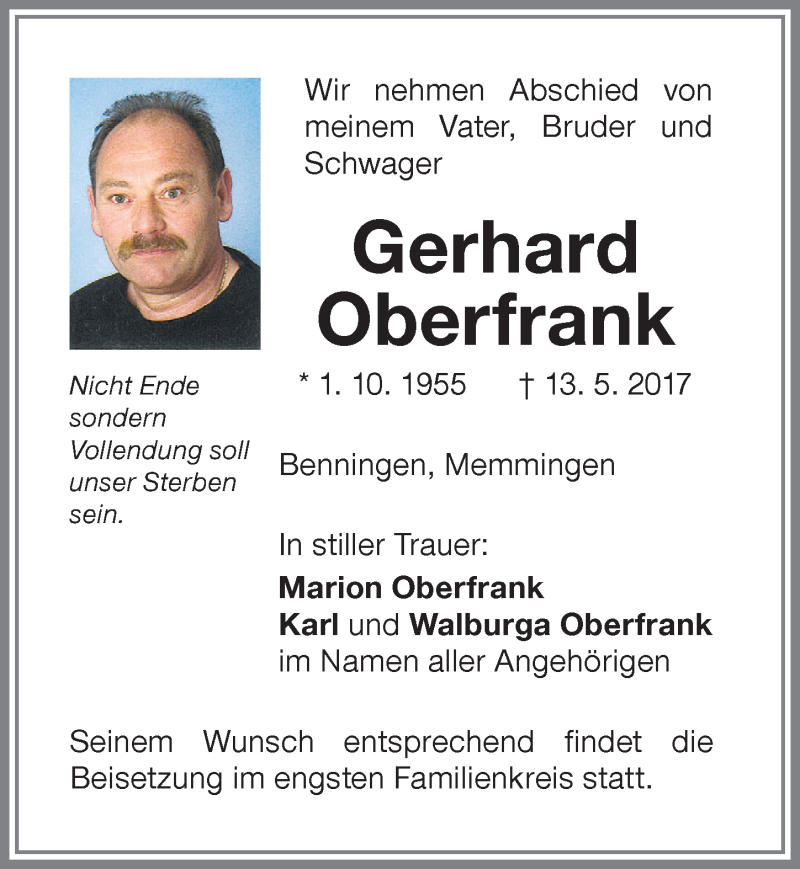 Traueranzeige von Gerhard Oberfrank von Memminger Zeitung