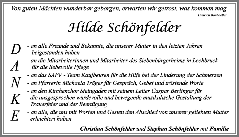 Traueranzeige von Hilde Schönfelder von Allgäuer Zeitung, Füssen