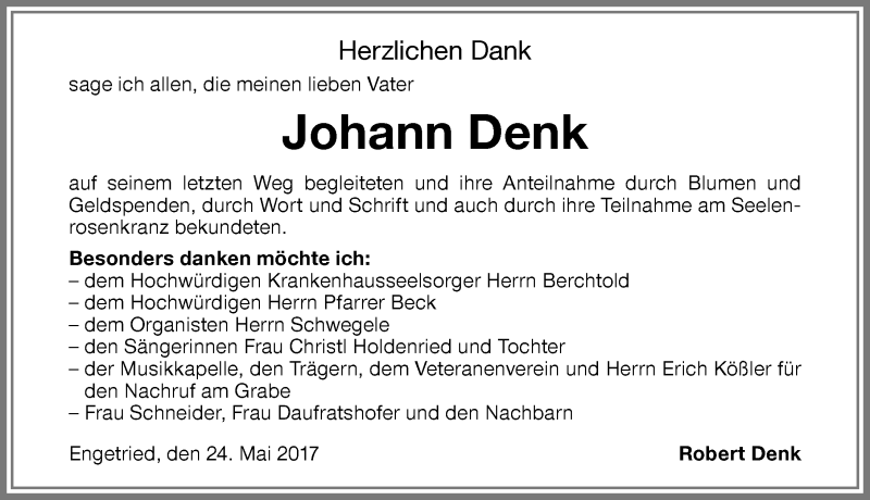 Traueranzeige von Johann Denk von Memminger Zeitung