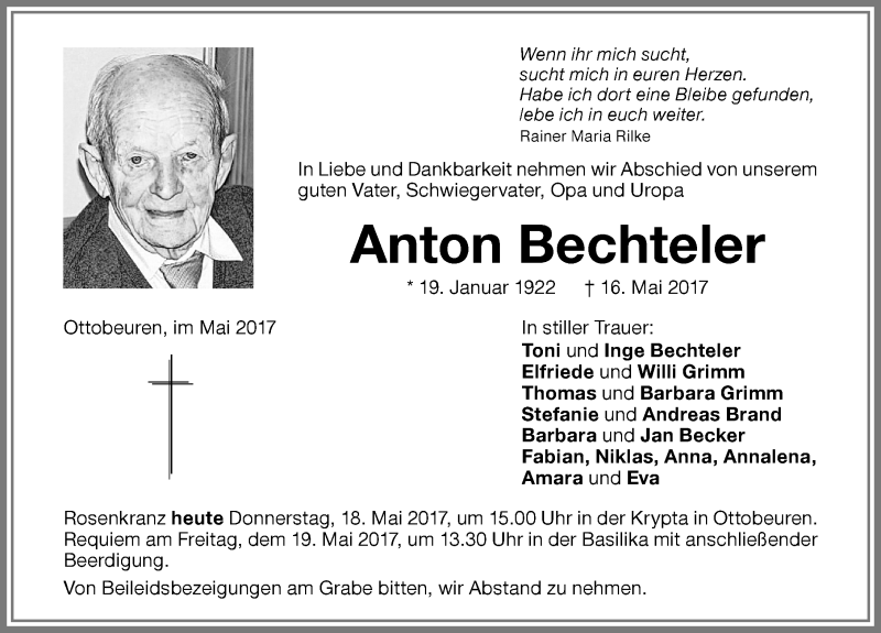 Traueranzeige von Anton Bechteler von Memminger Zeitung