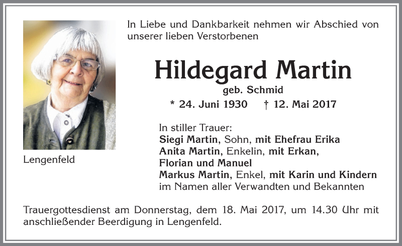 Traueranzeige von Hildegard Martin von Allgäuer Zeitung, Kaufbeuren/Buchloe