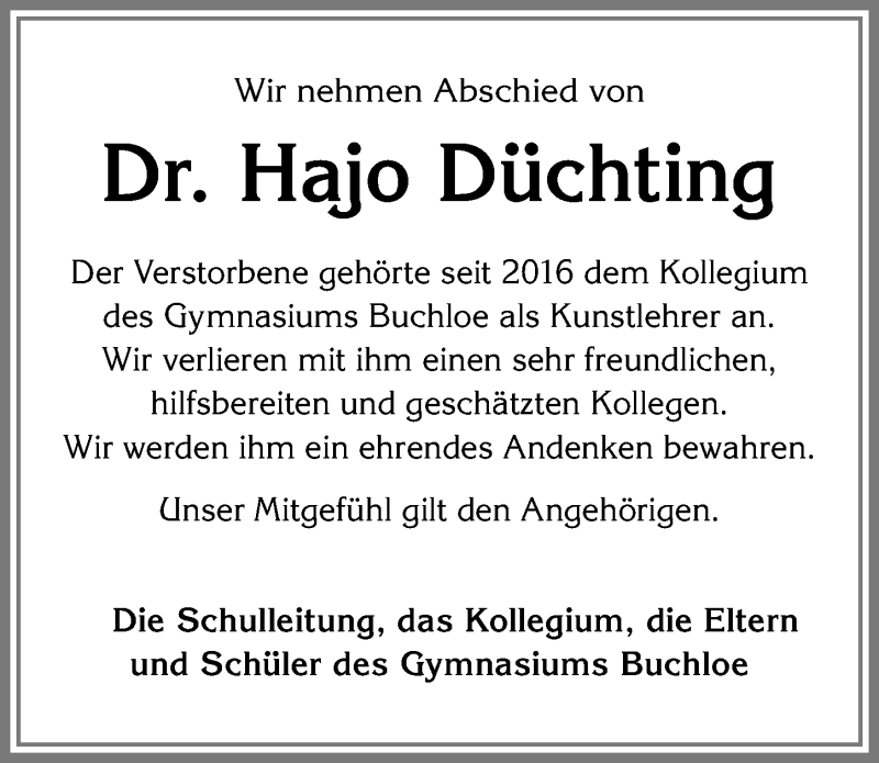 Traueranzeige von Hajo Düchting von Allgäuer Zeitung, Kaufbeuren/Buchloe