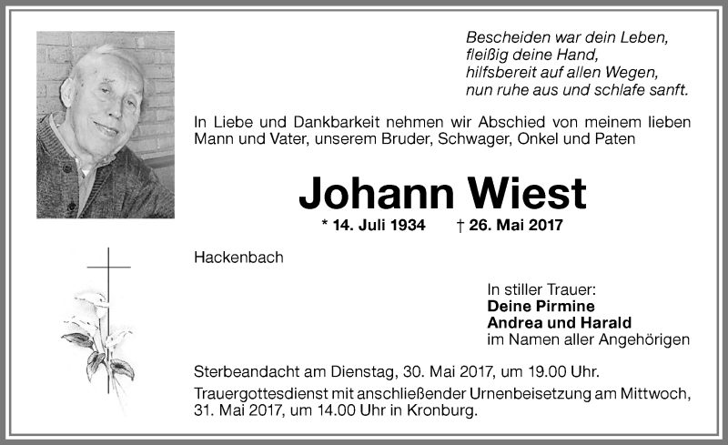 Traueranzeige von Johann Wiest von Memminger Zeitung