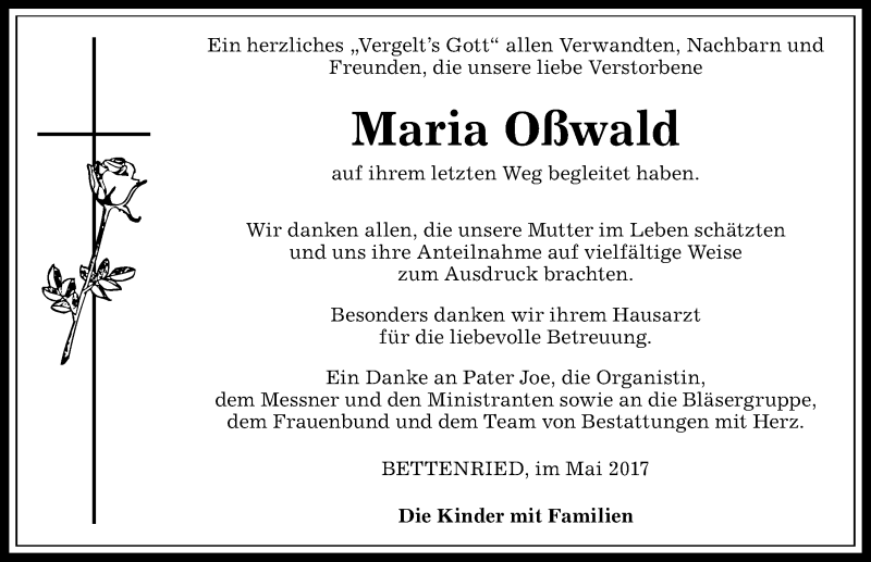 Traueranzeige von Maria Oßwald von Allgäuer Anzeigeblatt