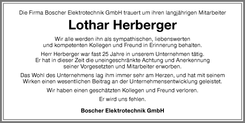 Traueranzeige von Lothar Herberger von Memminger Zeitung