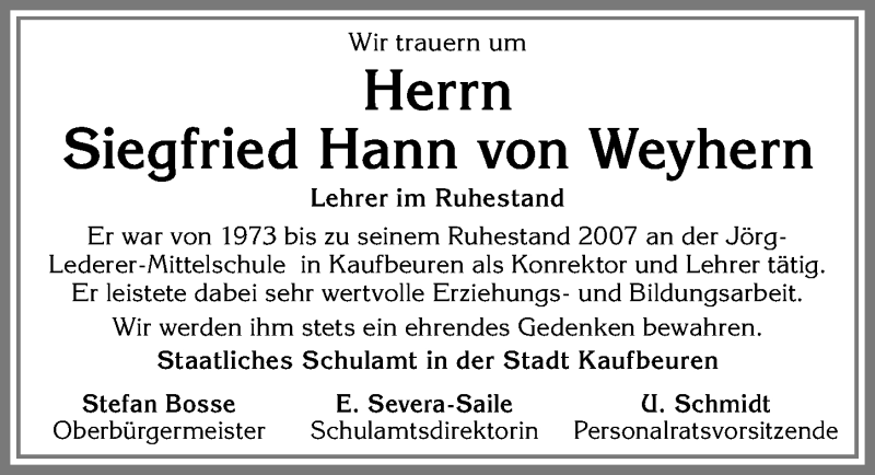 Traueranzeige von Siegfried Hann  von Weyhern von Allgäuer Zeitung, Kaufbeuren/Buchloe