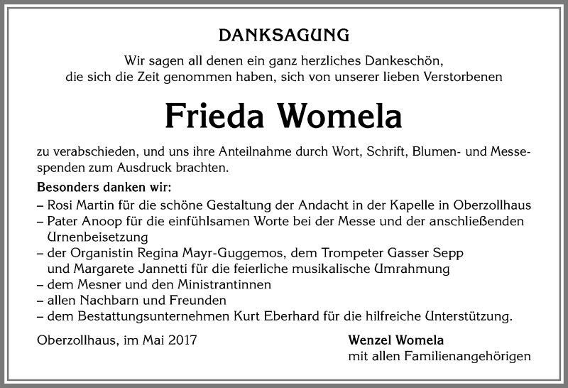 Traueranzeige von Frieda Womela von Allgäuer Zeitung,Kempten