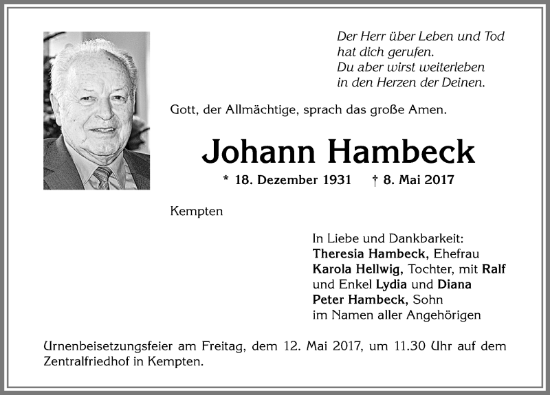 Traueranzeige von Johann Hambeck von Allgäuer Zeitung,Kempten