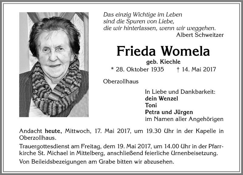 Traueranzeige von Frieda Womela von Allgäuer Zeitung,Kempten
