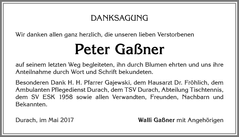 Traueranzeige von Peter Gaßner von Allgäuer Zeitung,Kempten