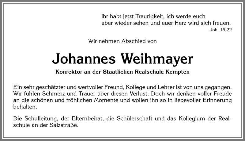 Traueranzeige von Johannes Weihmayer von Allgäuer Zeitung,Kempten