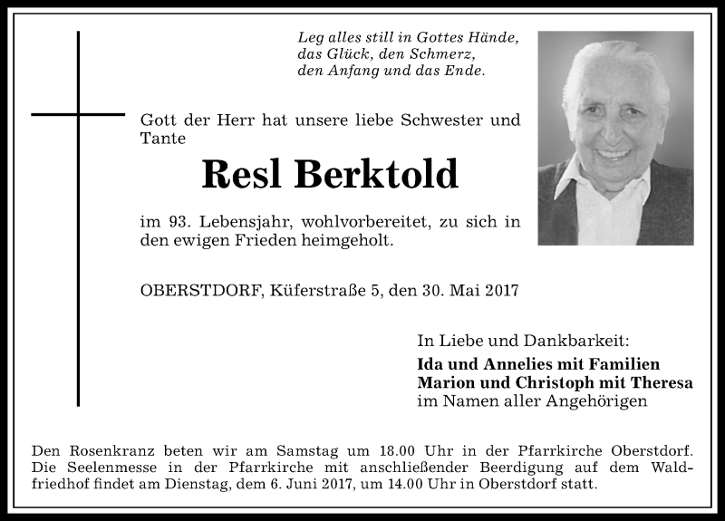 Traueranzeige von Resl Berktold von Allgäuer Anzeigeblatt