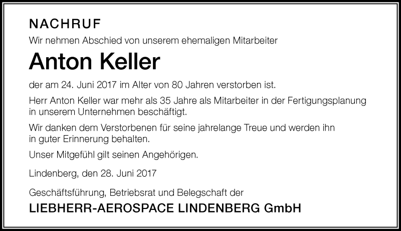 Traueranzeige von Anton Keller von Der Westallgäuer