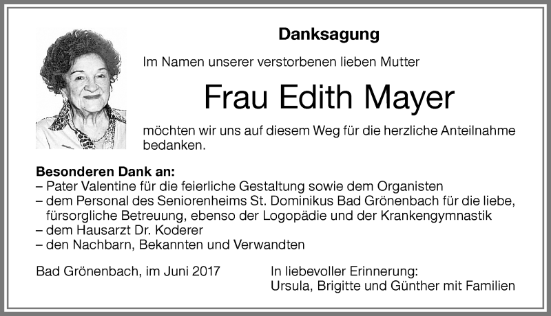 Traueranzeige von Edith Mayer von Memminger Zeitung