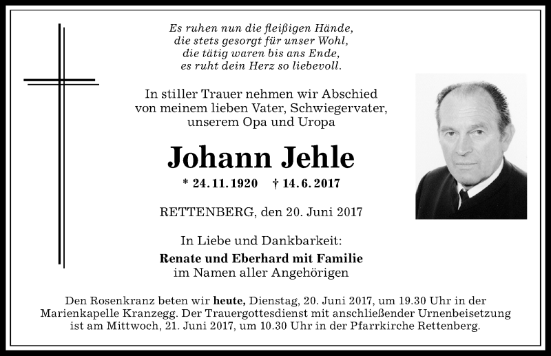 Traueranzeige von Johann Jehle von Allgäuer Anzeigeblatt