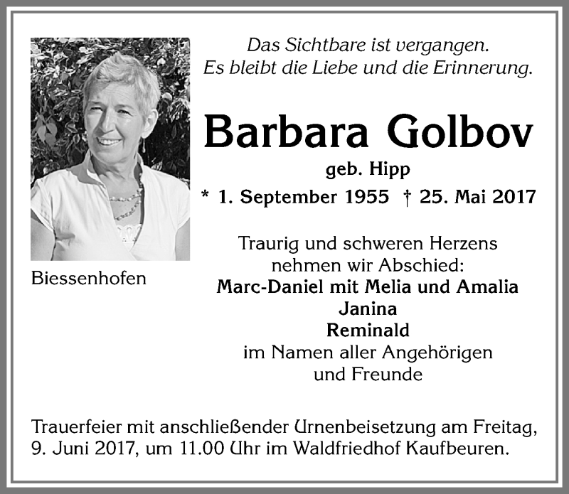 Traueranzeige von Barbara Golbov von Allgäuer Zeitung, Kaufbeuren/Buchloe