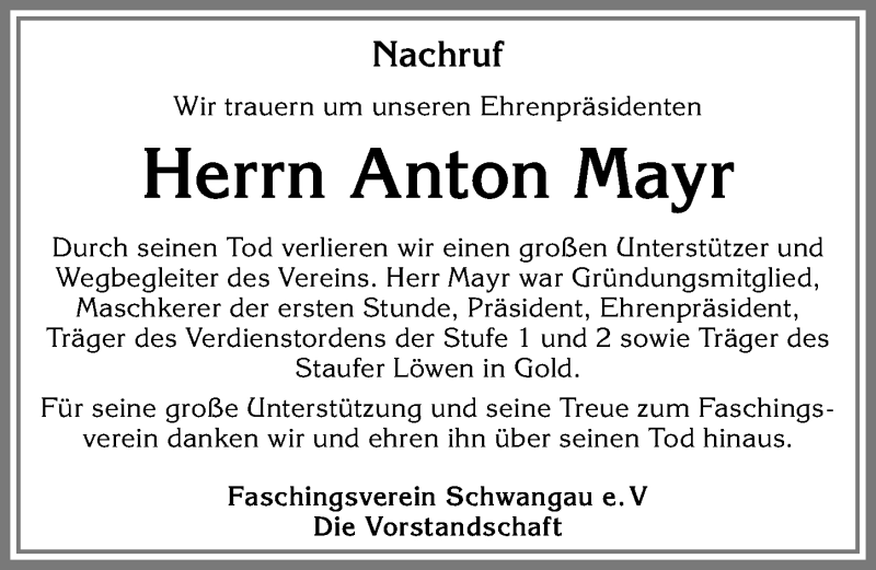 Traueranzeige von Anton Mayr von Allgäuer Zeitung, Füssen