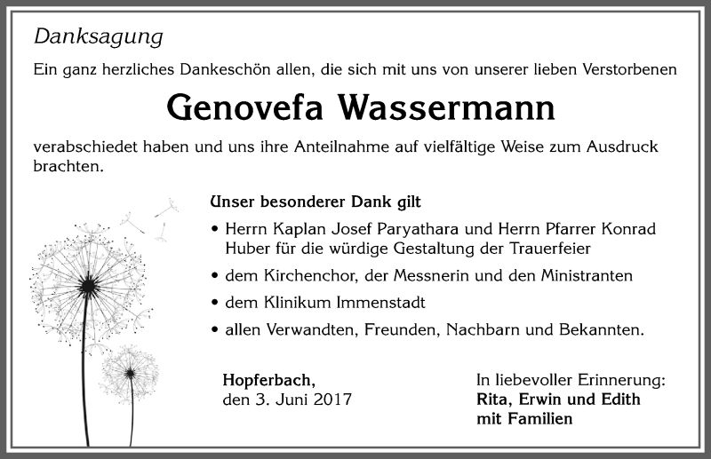 Traueranzeige von Genovefa Wassermann von Allgäuer Zeitung, Marktoberdorf