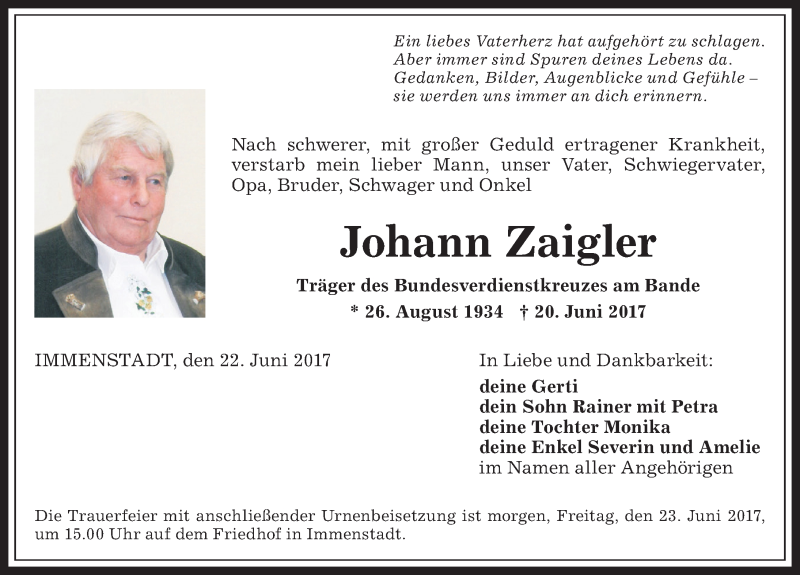 Traueranzeige von Johann Zaigler von Allgäuer Anzeigeblatt