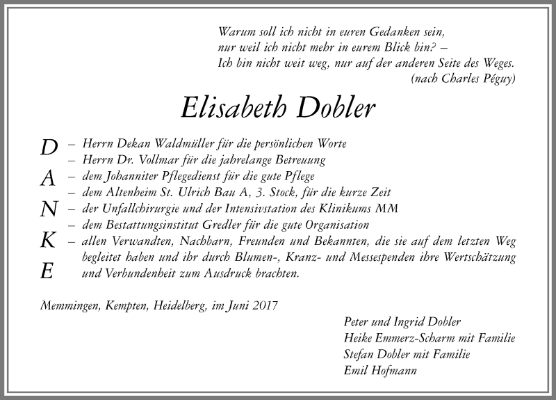 Traueranzeige von Elisabeth Dobler von Memminger Zeitung