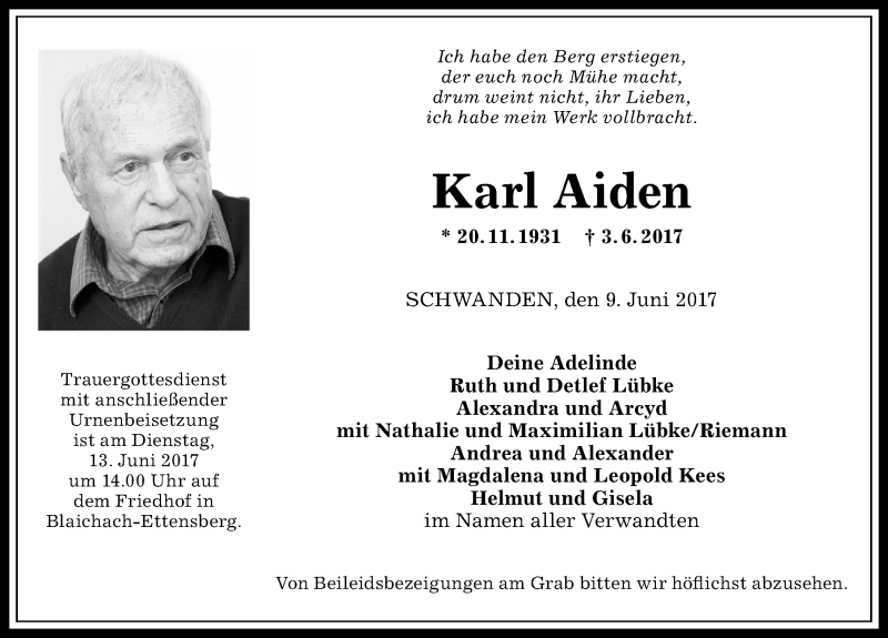 Traueranzeige von Karl Aiden von Allgäuer Anzeigeblatt