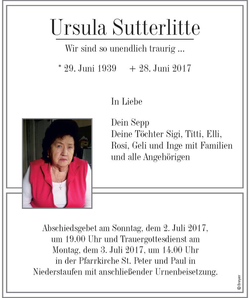 Traueranzeige von Ursula Sutterlitte von Der Westallgäuer