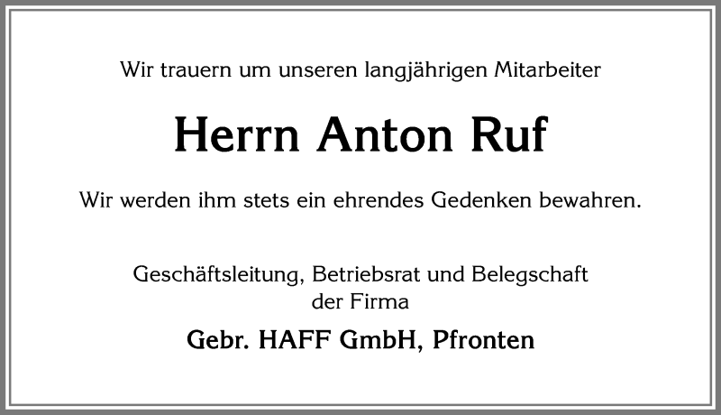 Traueranzeige von Anton Ruf von Allgäuer Zeitung, Füssen