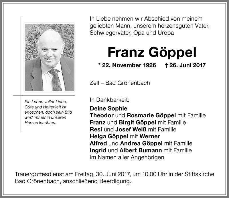 Traueranzeige von Franz Göppel von Memminger Zeitung