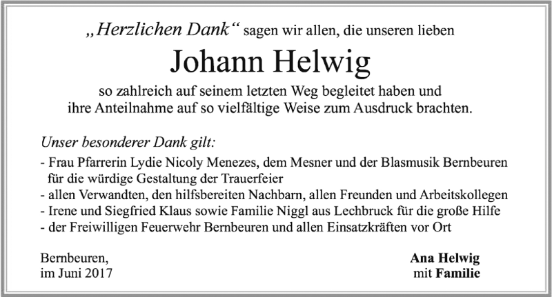 Traueranzeige von Johann Helwig von Allgäuer Zeitung, Marktoberdorf