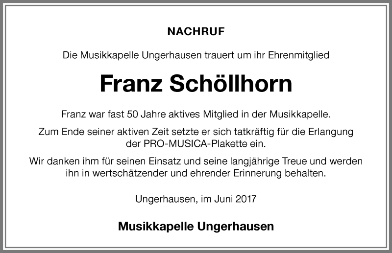 Traueranzeige von Franz Schöllhorn von Memminger Zeitung