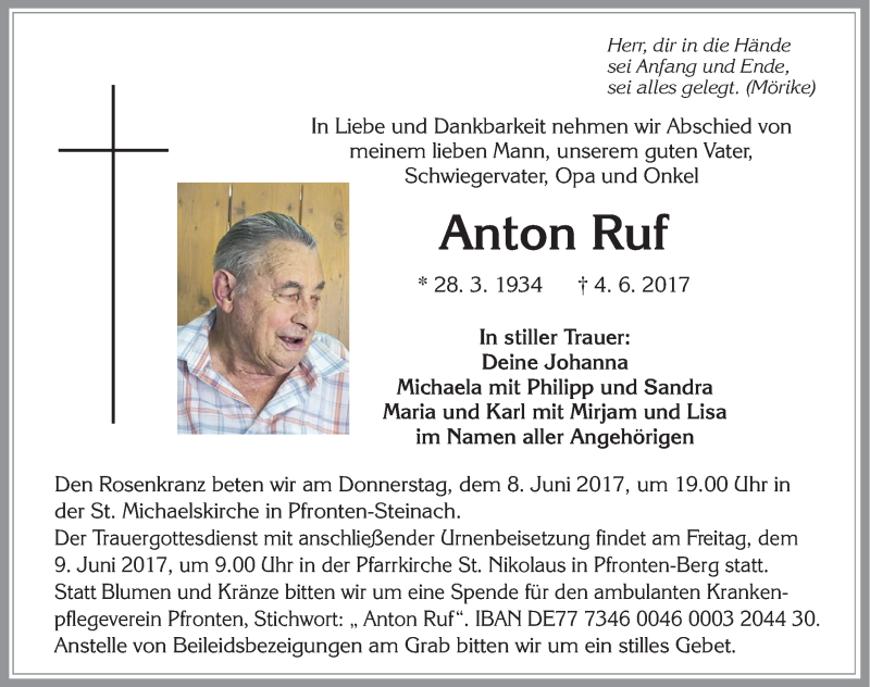 Traueranzeige von Anton Ruf von Allgäuer Zeitung, Füssen