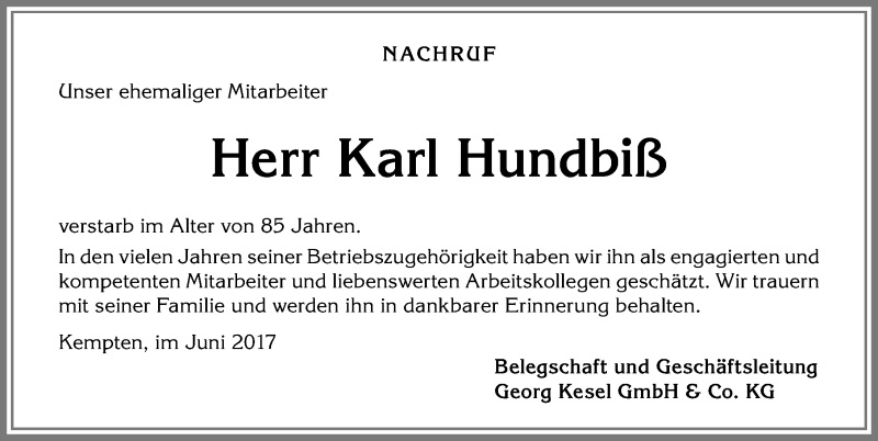 Traueranzeige von Karl Hundbiß von Allgäuer Zeitung,Kempten