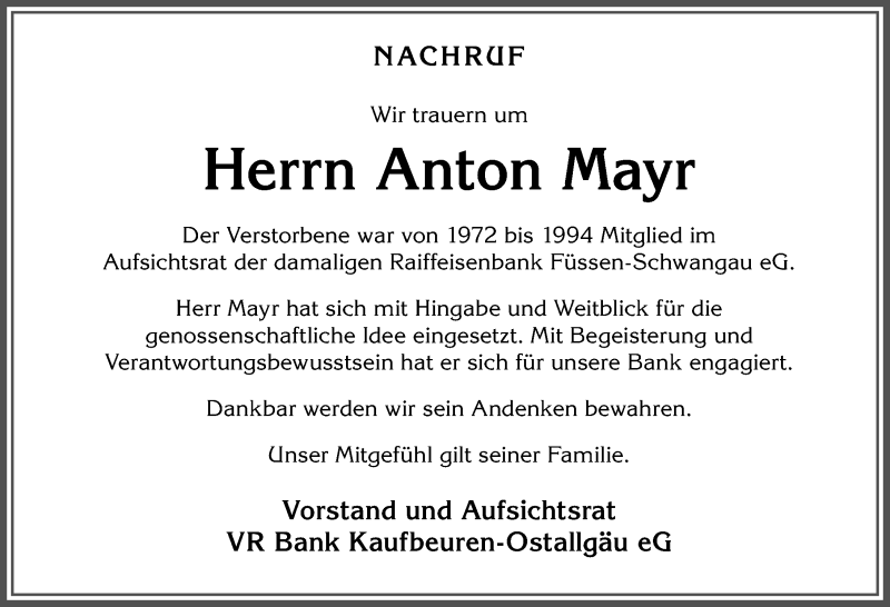 Traueranzeige von Anton Mayr von Allgäuer Zeitung, Füssen