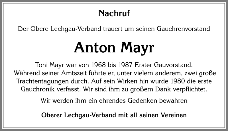 Traueranzeige von Anton Mayr von Allgäuer Zeitung