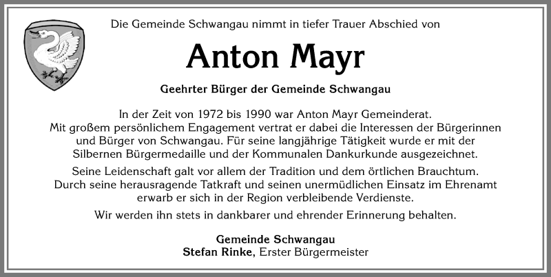 Traueranzeige von Anton Mayr von Allgäuer Zeitung, Füssen