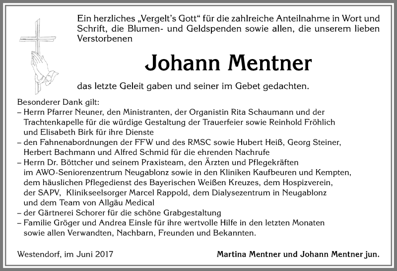 Traueranzeige von Johann Mentner von Allgäuer Zeitung, Kaufbeuren/Buchloe