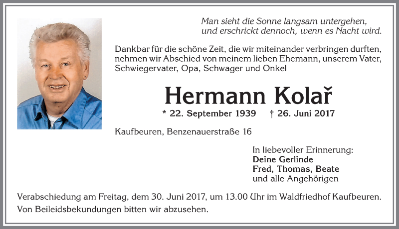 Traueranzeige von Hermann Kolar von Allgäuer Zeitung, Kaufbeuren/Buchloe