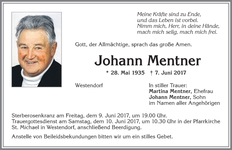 Traueranzeige von Johann Mentner von Allgäuer Zeitung, Kaufbeuren/Buchloe