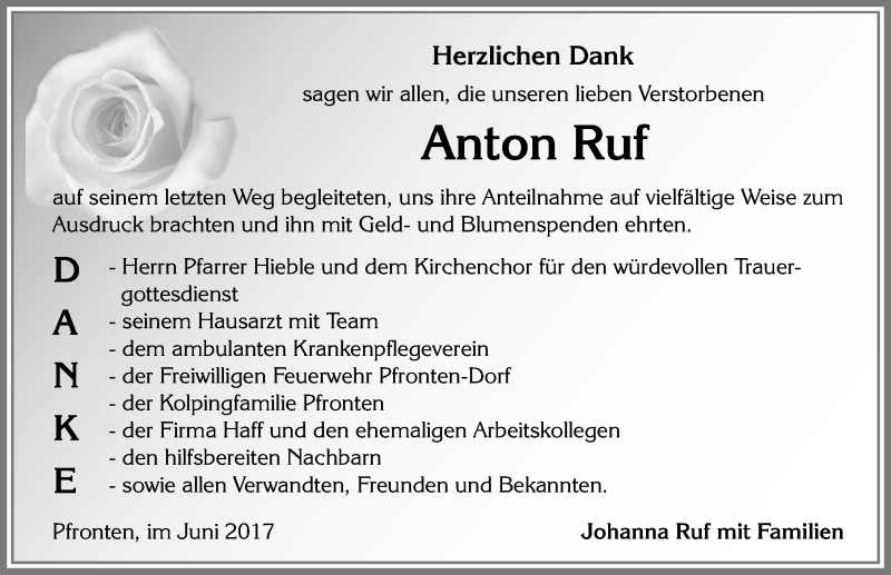 Traueranzeige von Anton Ruf von Allgäuer Zeitung, Füssen