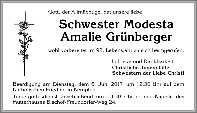 Traueranzeige von Amalie Grünberger von Allgäuer Zeitung,Kempten