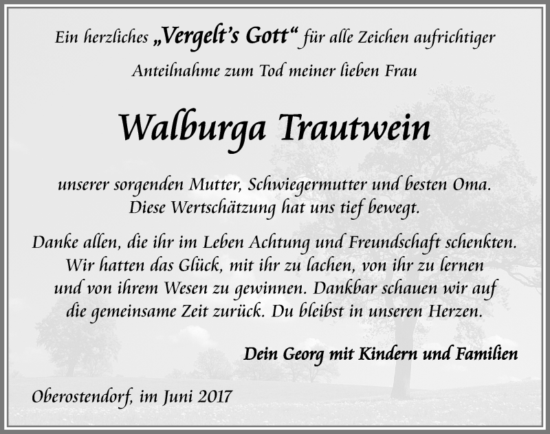 Traueranzeige von Walburga Trautwein von Allgäuer Zeitung, Kaufbeuren/Buchloe