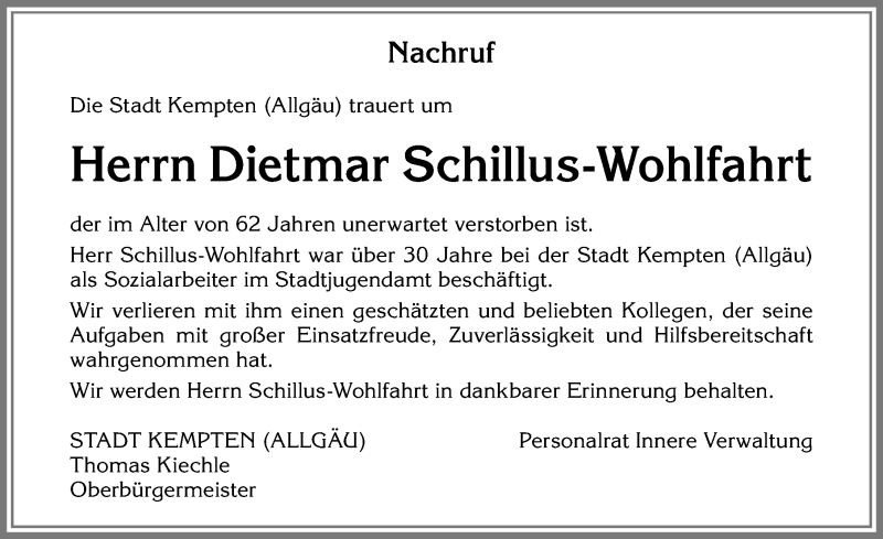 Traueranzeige von Dietmar Schillus-Wohlfahrt von Allgäuer Zeitung,Kempten