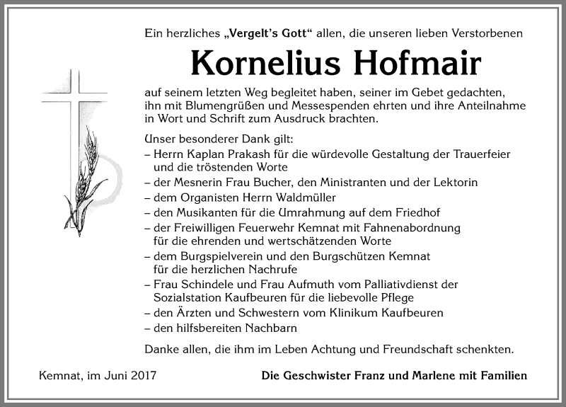 Traueranzeige von Kornelius Hofmair von Allgäuer Zeitung, Kaufbeuren/Buchloe