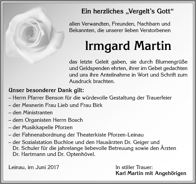 Traueranzeige von lrmgard Martin von Allgäuer Zeitung, Kaufbeuren/Buchloe