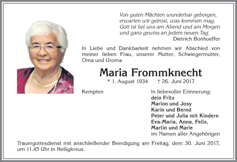 Traueranzeige von Maria Frommknecht von Allgäuer Zeitung,Kempten